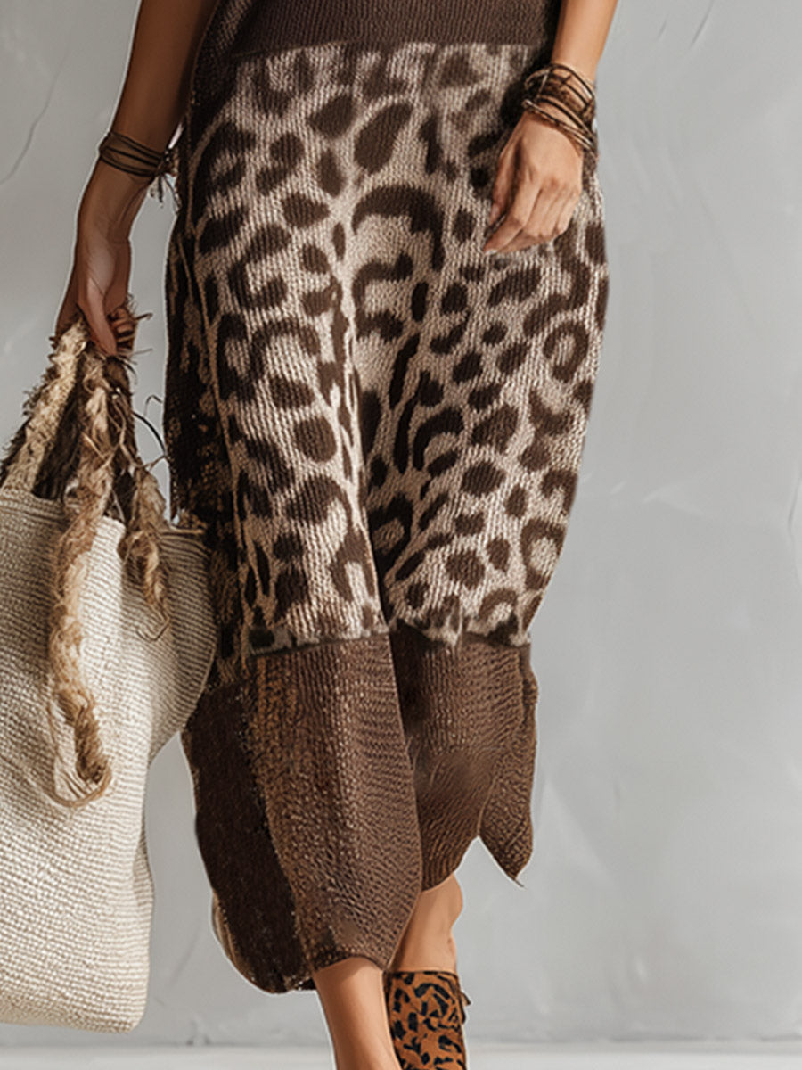 Duttini | Brown Knit Leopard Print Evening Dress