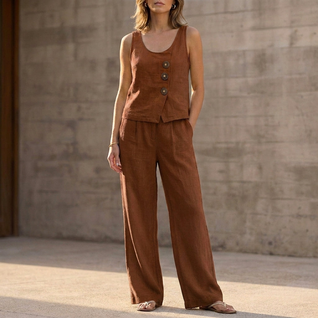 Duttini | Luxe Relaxed Sleeveless Two-Piece Set With Decorative Buttons And Wide-Leg Trousers