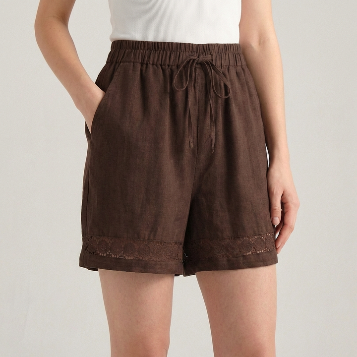 Duttini | Modern Wide-Leg Mini Shorts With Delicate Lace Hem And Drawstring Waist