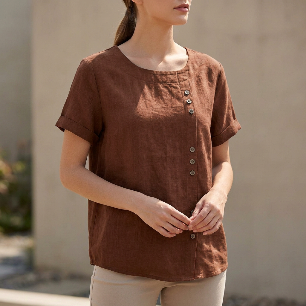 Duttini | Statement Relaxed Short Sleeve Blouse With Asymmetric Button Detail