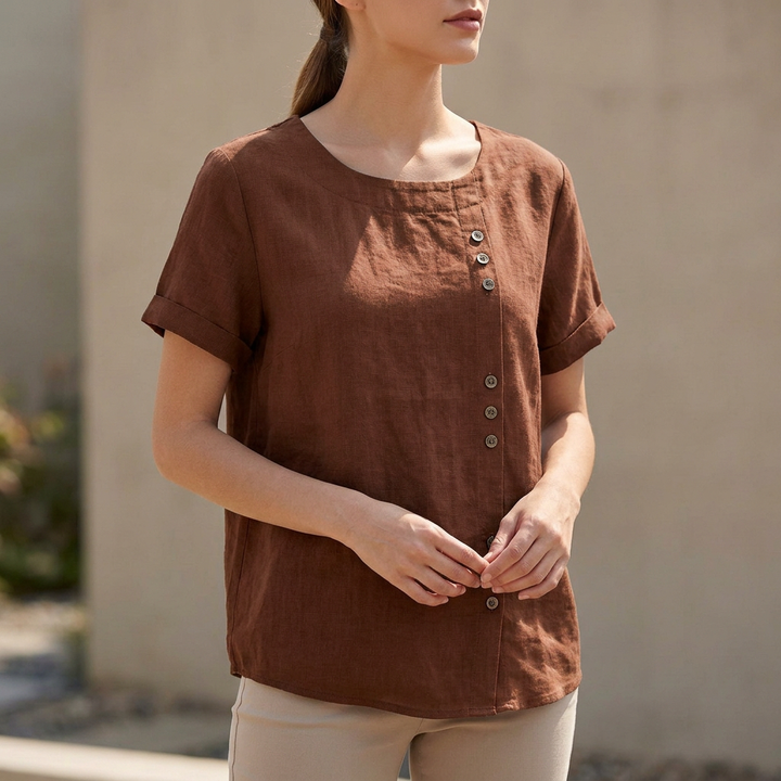 Duttini | Statement Relaxed Short Sleeve Blouse With Asymmetric Button Detail