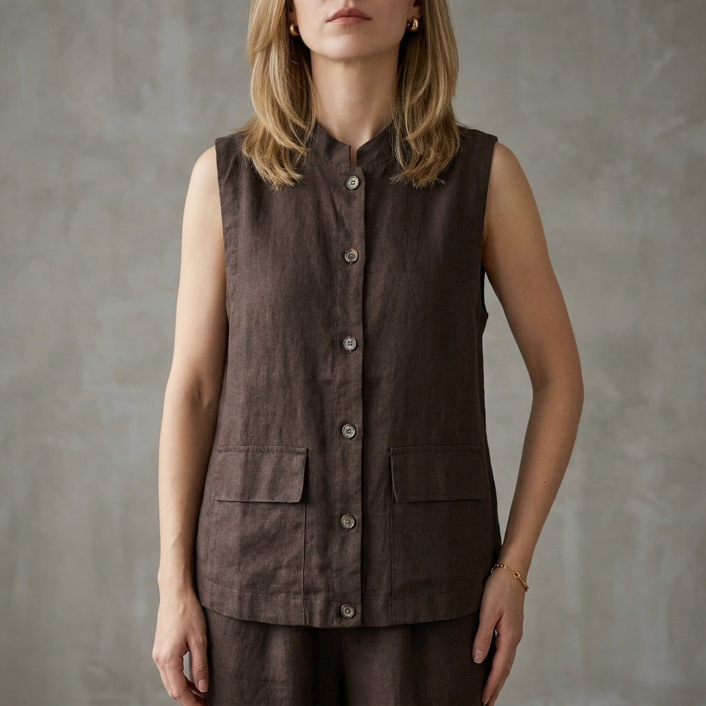 Duttini | Timeless Minimalist Button-Up Sleeveless Blouse With Relaxed Fit And Front Pockets