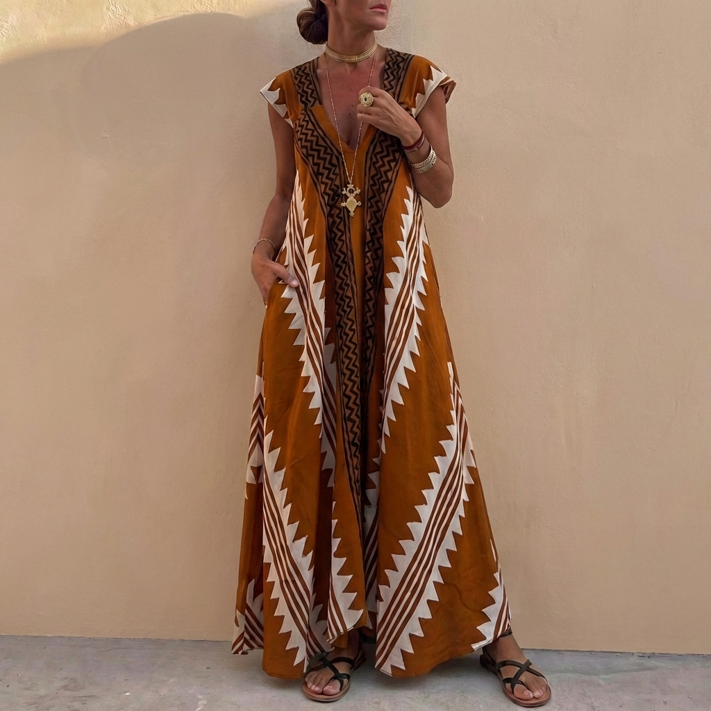 Duttini | Flowing Bohemian-Inspired Flowing A-Line Maxi Dress With Deep V-Neck And Geometric Motifs