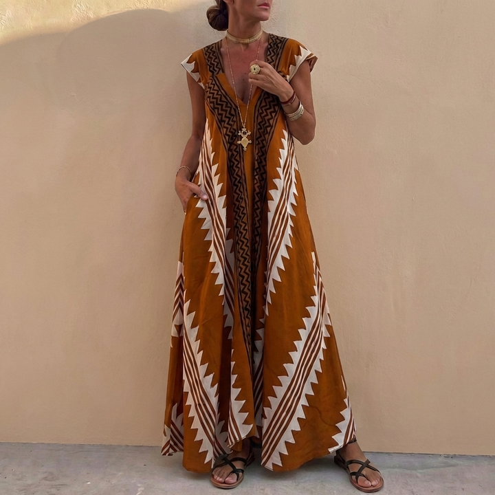 Duttini | Flowing Bohemian-Inspired Flowing A-Line Maxi Dress With Deep V-Neck And Geometric Motifs