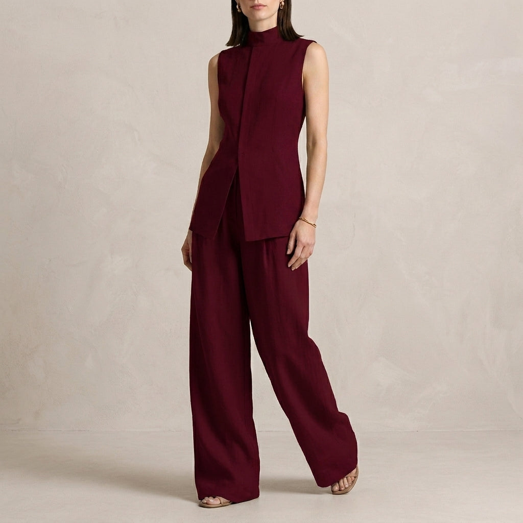 Duttini | Sophisticated Sleeveless High-Neck Two-Piece Set With Flowing Wide-Leg Trousers