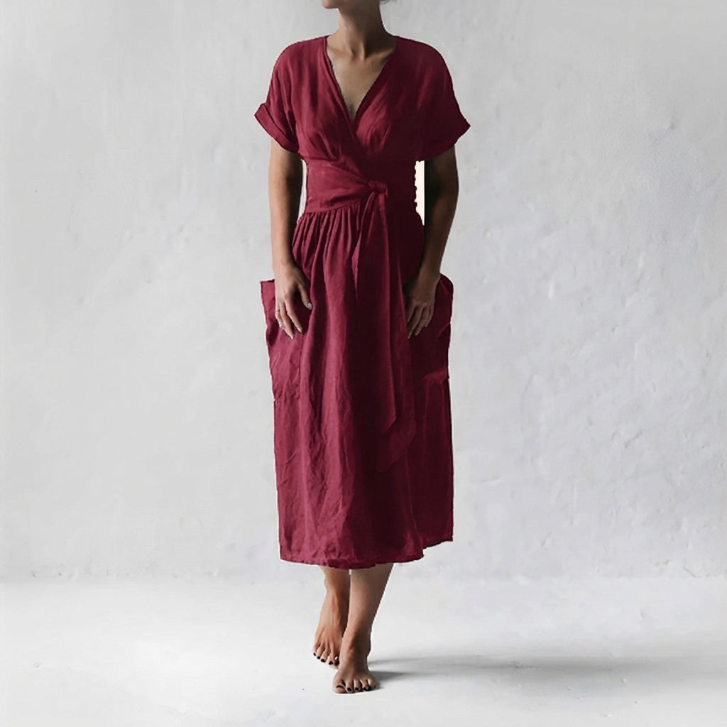 Duttini | Modern Relaxed Fit Linen Blend Wrap Midi Dress With Pockets