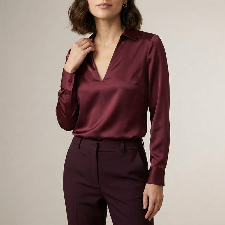 Duttini | Effortless Tailored V-Neck Blouse With Spread Collar And Lustrous Finish