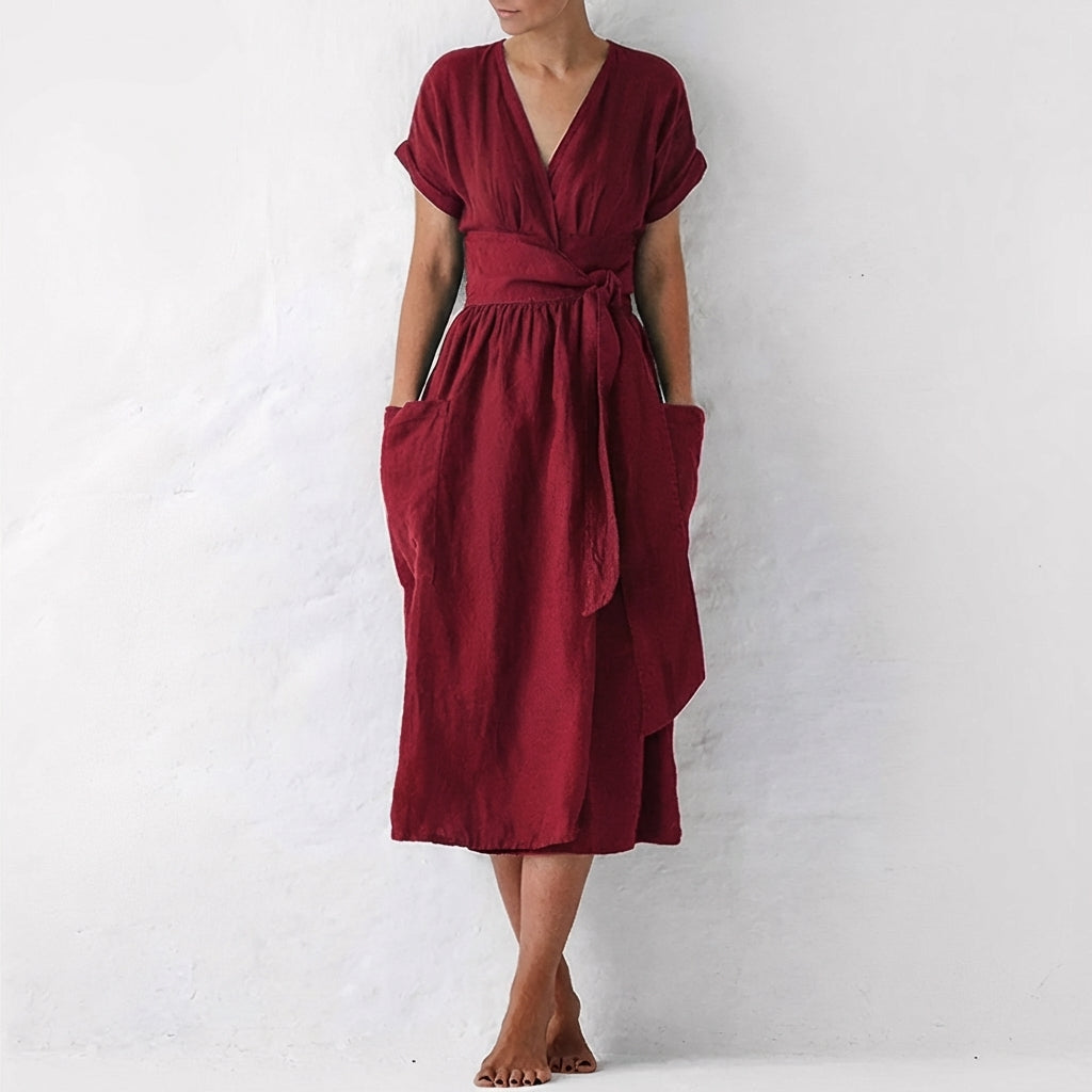 Duttini | Modern Relaxed Fit Linen Blend Wrap Midi Dress With Pockets