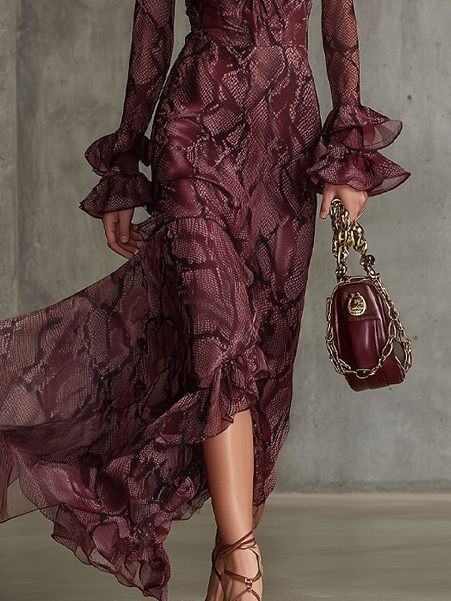 Duttini | Burgundy Chiffon Ruffle Evening Dress