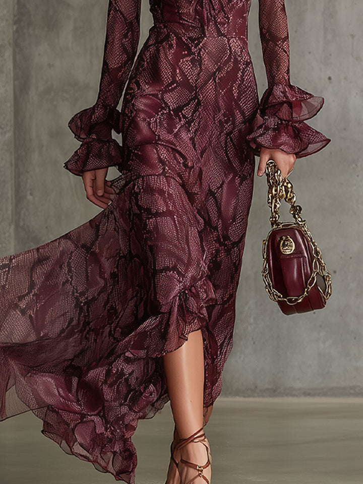 Duttini | Burgundy Chiffon Ruffle Evening Dress
