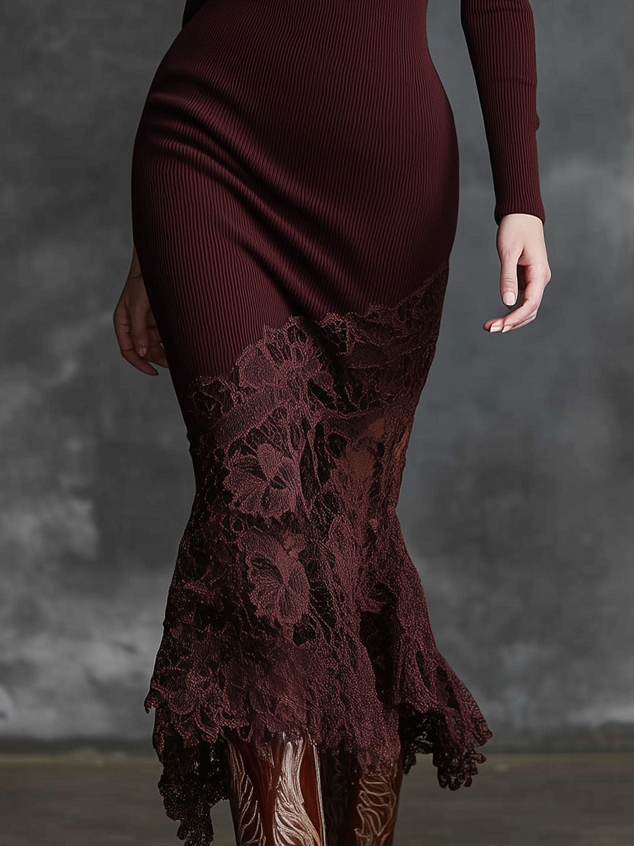 Duttini | Burgundy Lace Evening Dress