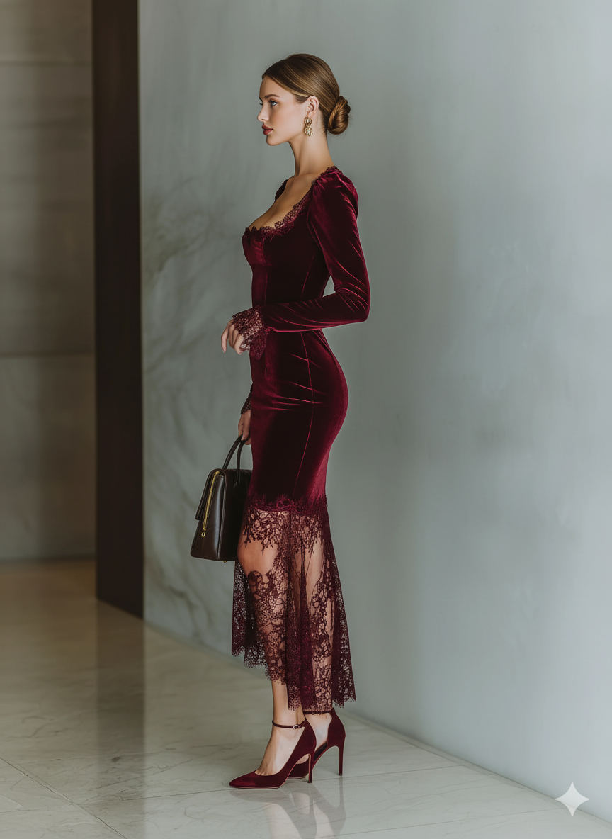 Duttini | Burgundy Velvet Evening Dress