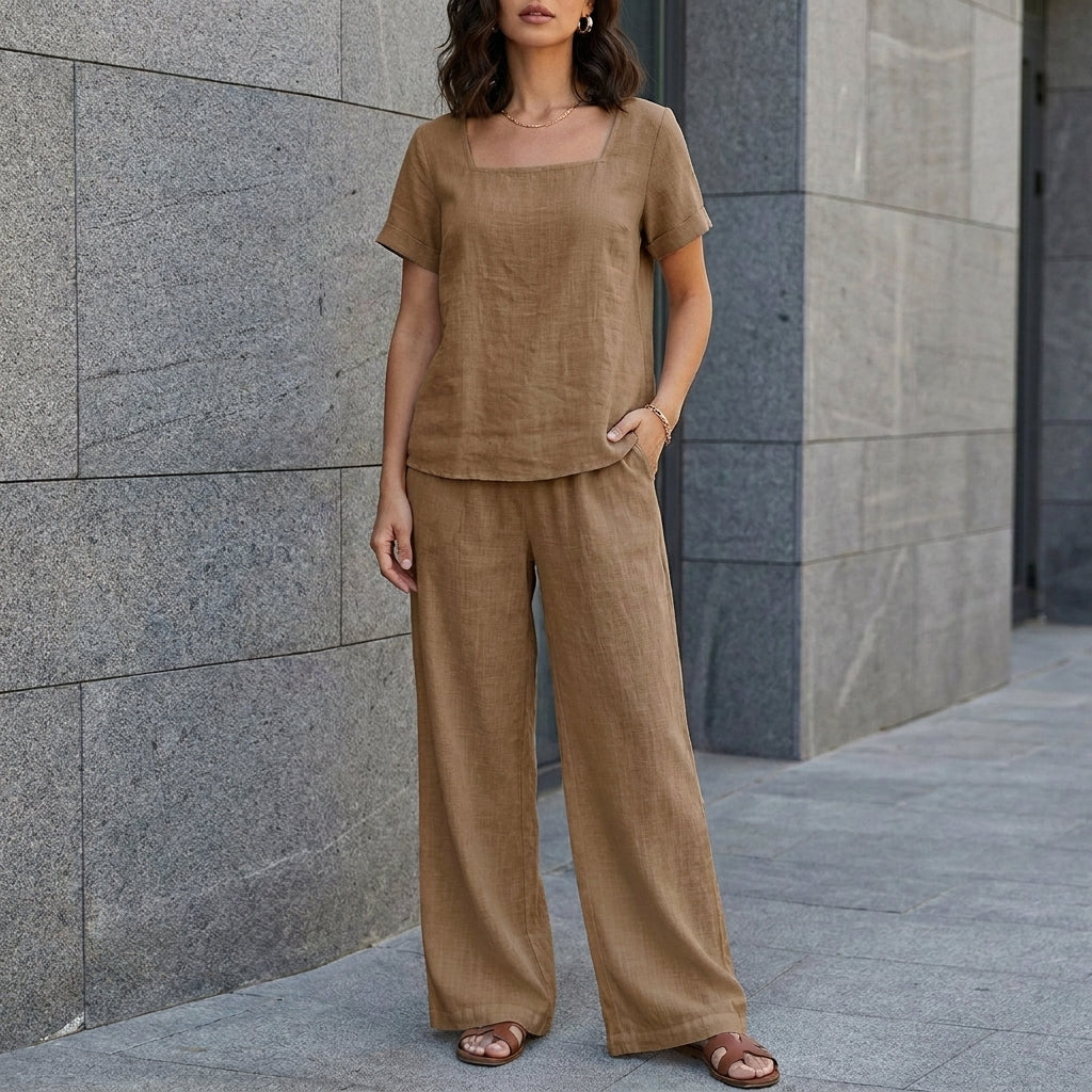 Duttini | Graceful Coastal Breeze Relaxed Top And Wide-Leg Pant Set