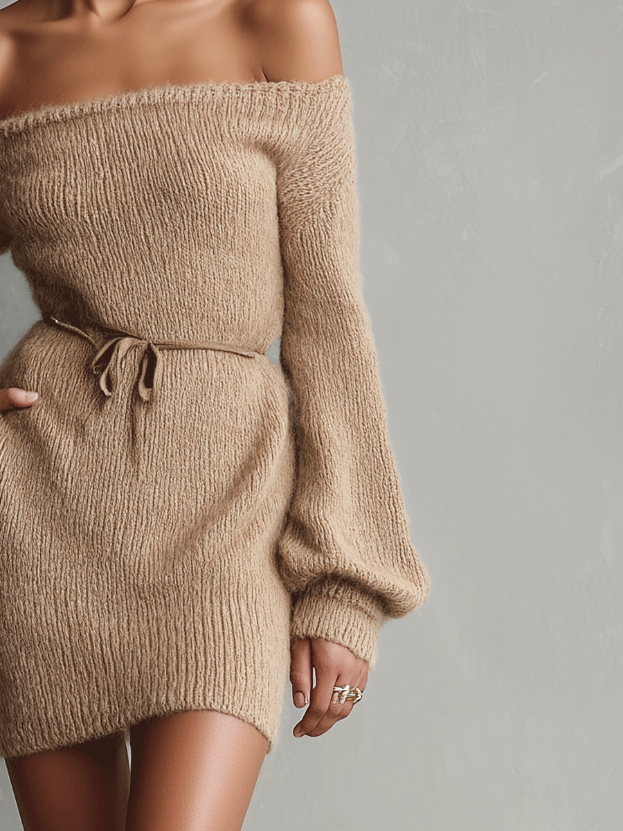 Duttini | Camel Knit Off-Shoulder Evening Dress