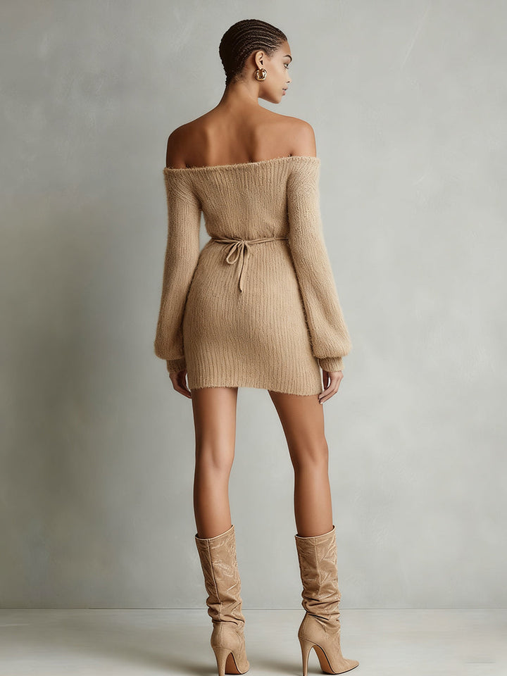 Duttini | Camel Knit Off-Shoulder Evening Dress
