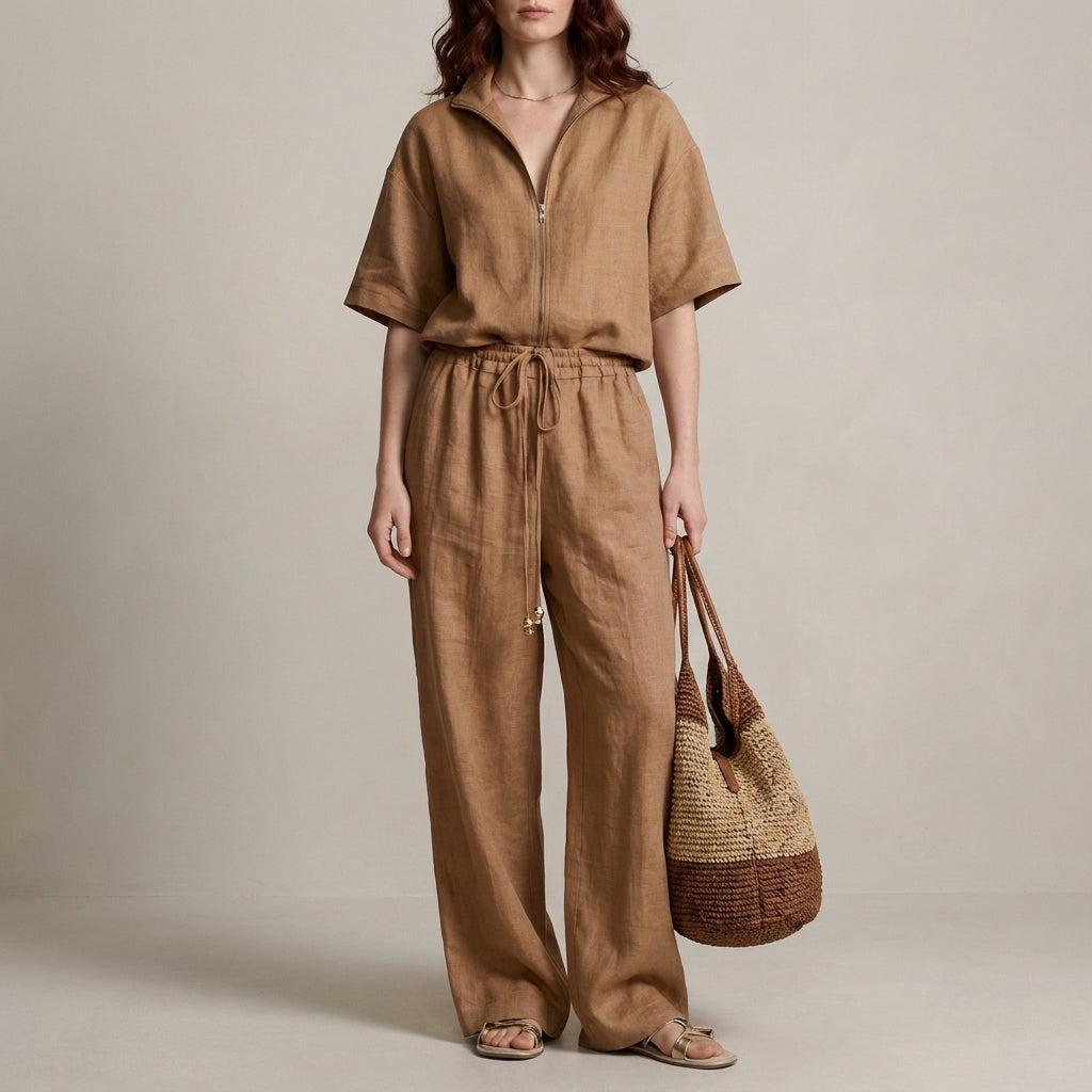 Duttini | Effortless Zip-Neck Top And Wide-Leg Trouser Set