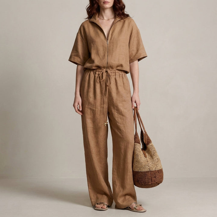 Duttini | Effortless Zip-Neck Top And Wide-Leg Trouser Set