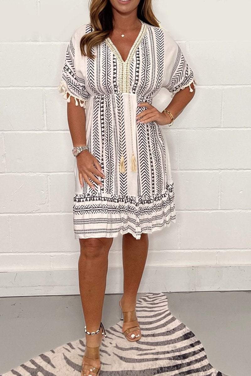 Duttini | Boho Print Mini Dress V-Neck Tassel Summer for Every Occasion