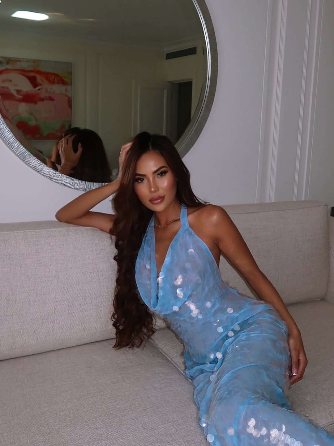 Duttini | Iridescent Sequin Drape Halter Maxi Dress