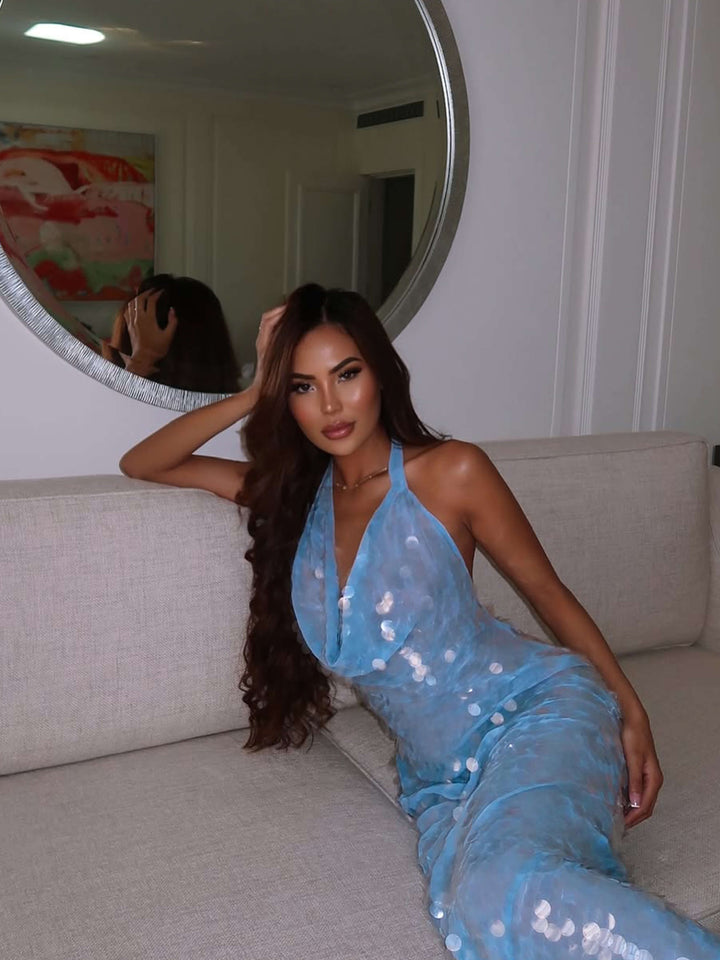 Duttini | Iridescent Sequin Drape Halter Maxi Dress