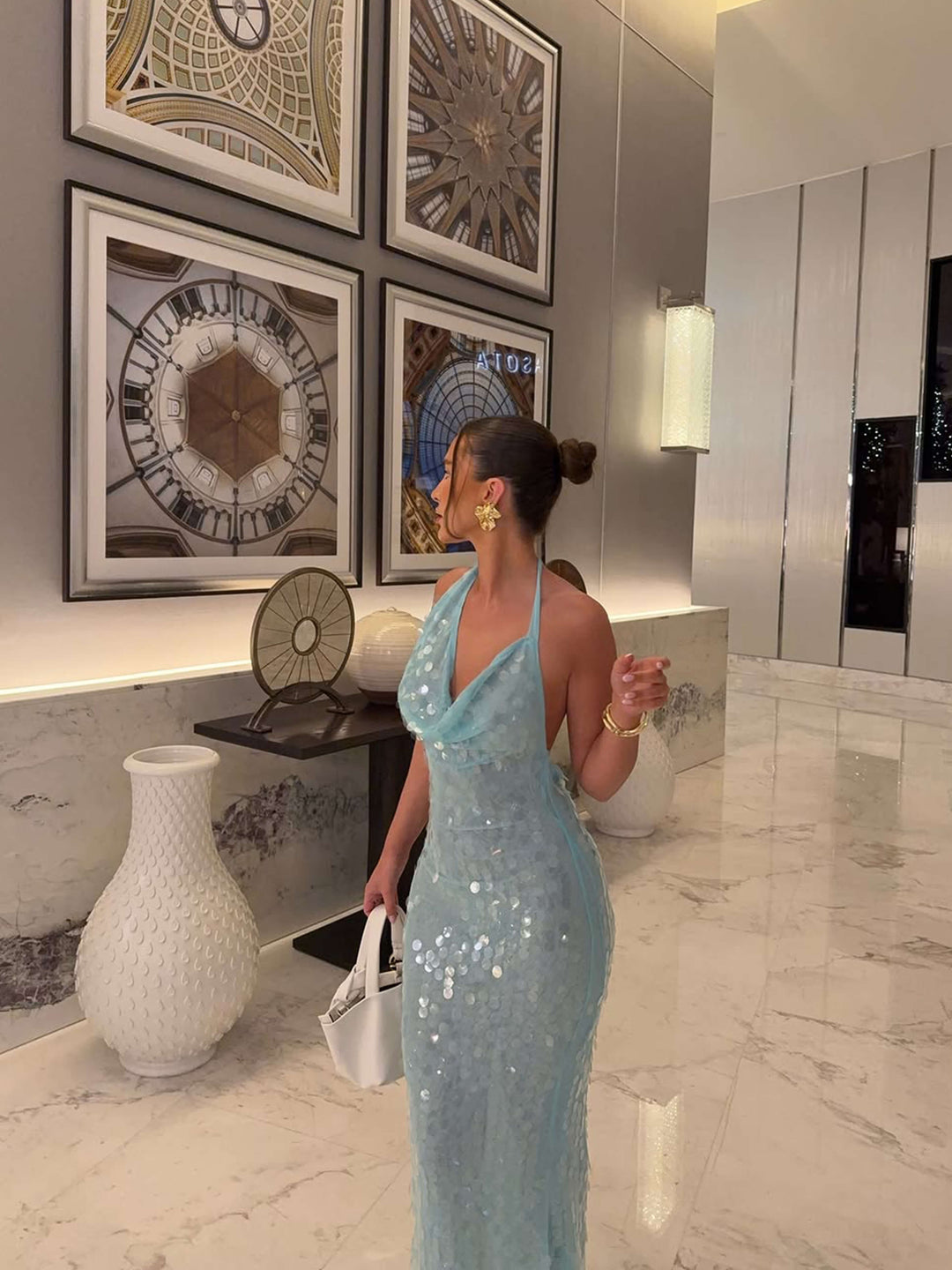 Duttini | Iridescent Sequin Drape Halter Maxi Dress