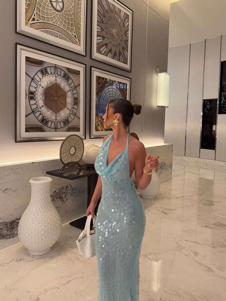 Duttini | Iridescent Sequin Drape Halter Maxi Dress