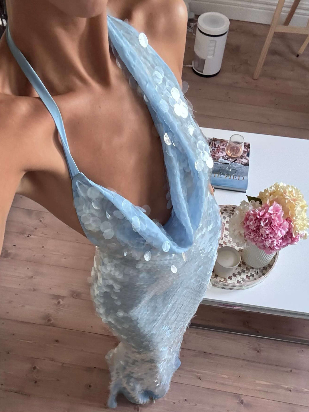 Duttini | Iridescent Sequin Drape Halter Maxi Dress