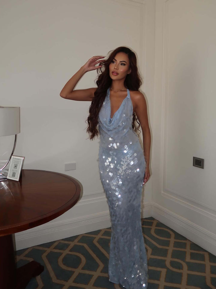 Duttini | Iridescent Sequin Drape Halter Maxi Dress