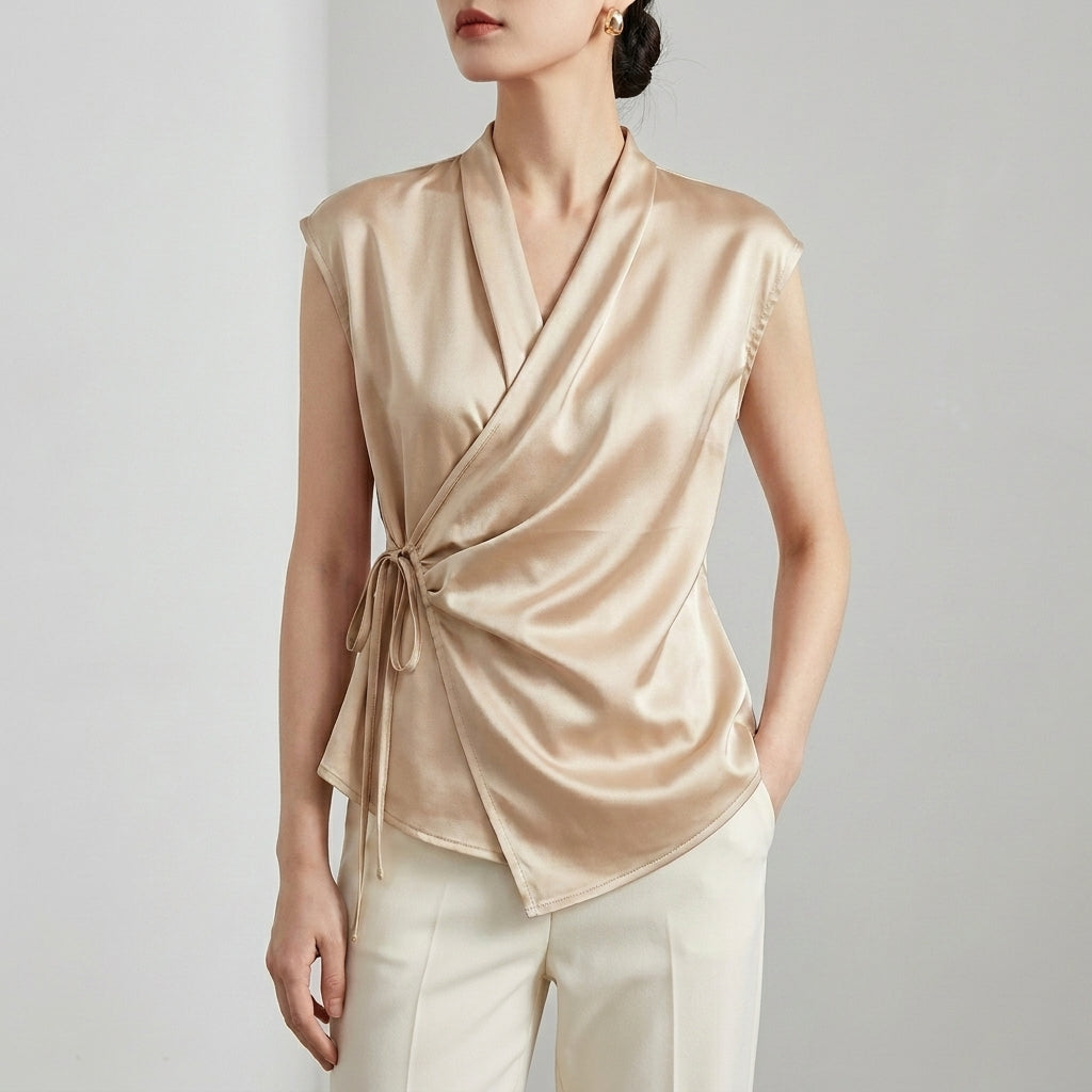 Duttini | Refined Tailored Sleeveless Wrap Blouse With Pleated Draping And Side Tie Closure