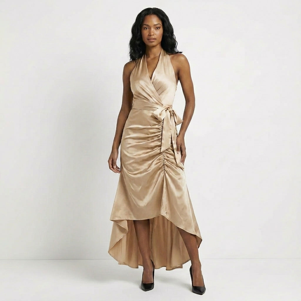 Duttini | Flowing Satin Halter Neck Wrap Maxi Dress With Bow Tie Waist And Ruffled Hem