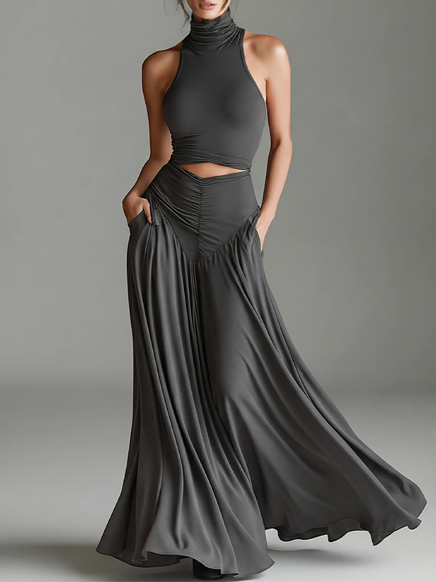 Duttini | Charcoal Knit Turtleneck Evening Dress