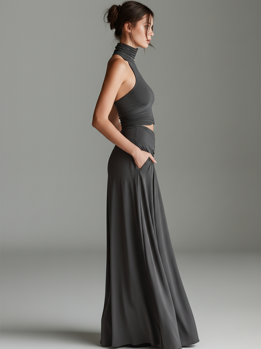 Duttini | Charcoal Knit Turtleneck Evening Dress