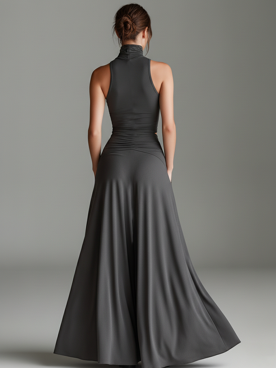 Duttini | Charcoal Knit Turtleneck Evening Dress