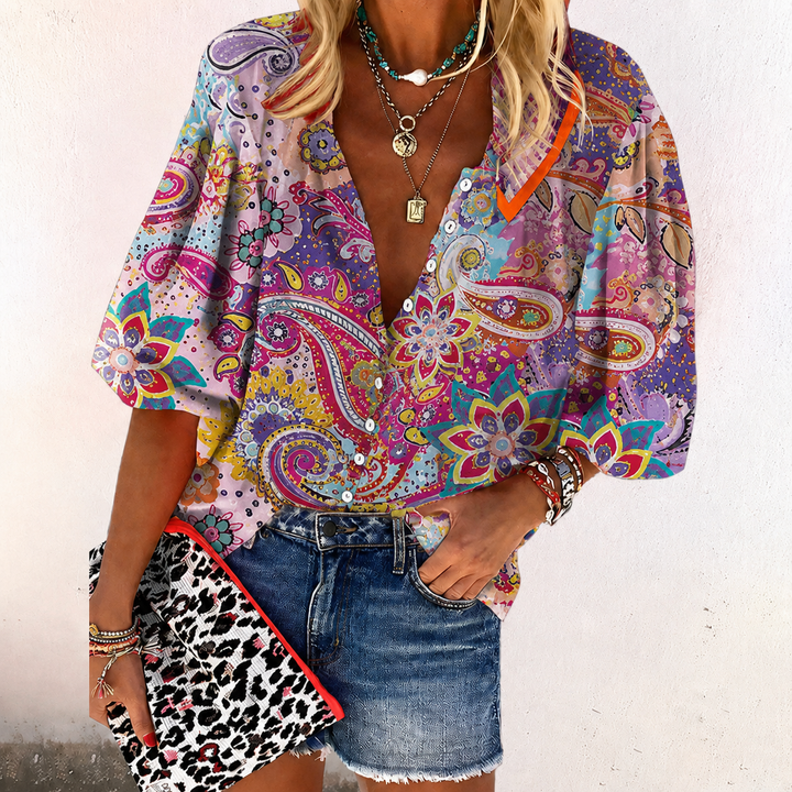 Duttini | Boho Print Blouse V-Neck Long Sleeve Button Down