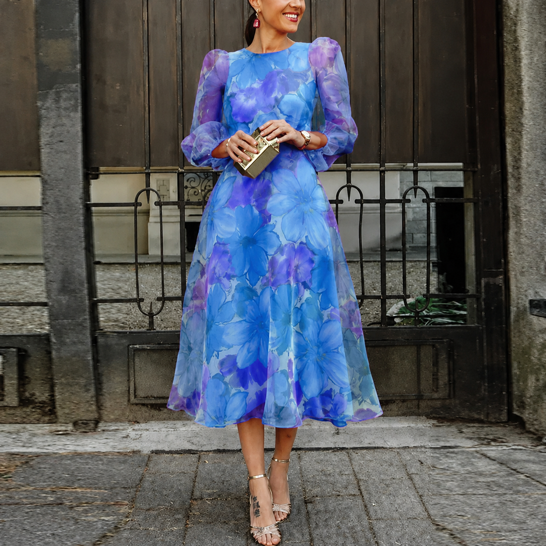 Duttini | Sophisticated Floral Chiffon Midi Dress Long Sleeve Wedding Guest