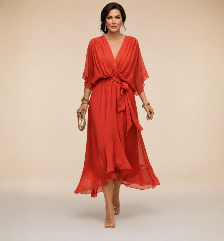 Duttini | Luxe V-Neck Wrap Midi Dress with a Flattering Silhouette