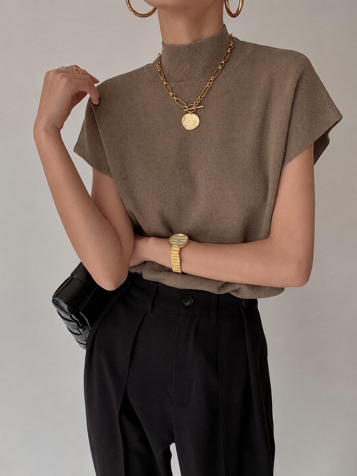 Duttini | Elegant Mock Neck Sleeveless Top Padded Shoulder Vest