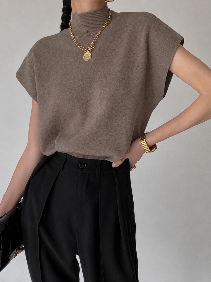 Duttini | Elegant Mock Neck Sleeveless Top Padded Shoulder Vest