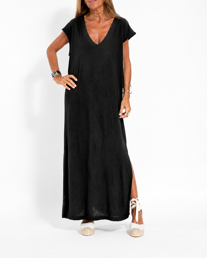 Duttini | Timeless V-Neck Short Sleeve Side Slit Maxi Dress