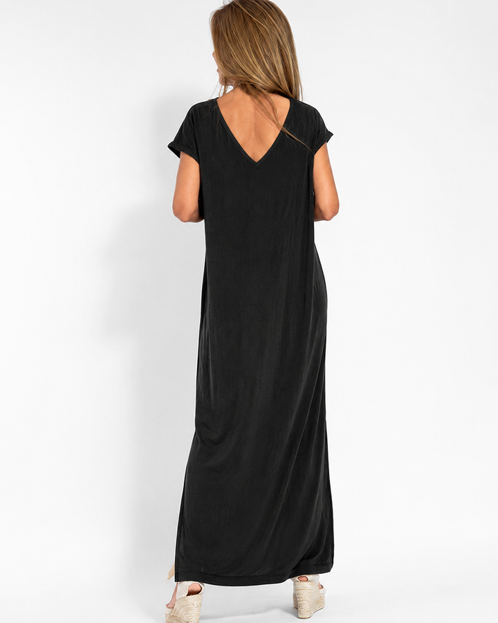 Duttini | Timeless V-Neck Short Sleeve Side Slit Maxi Dress