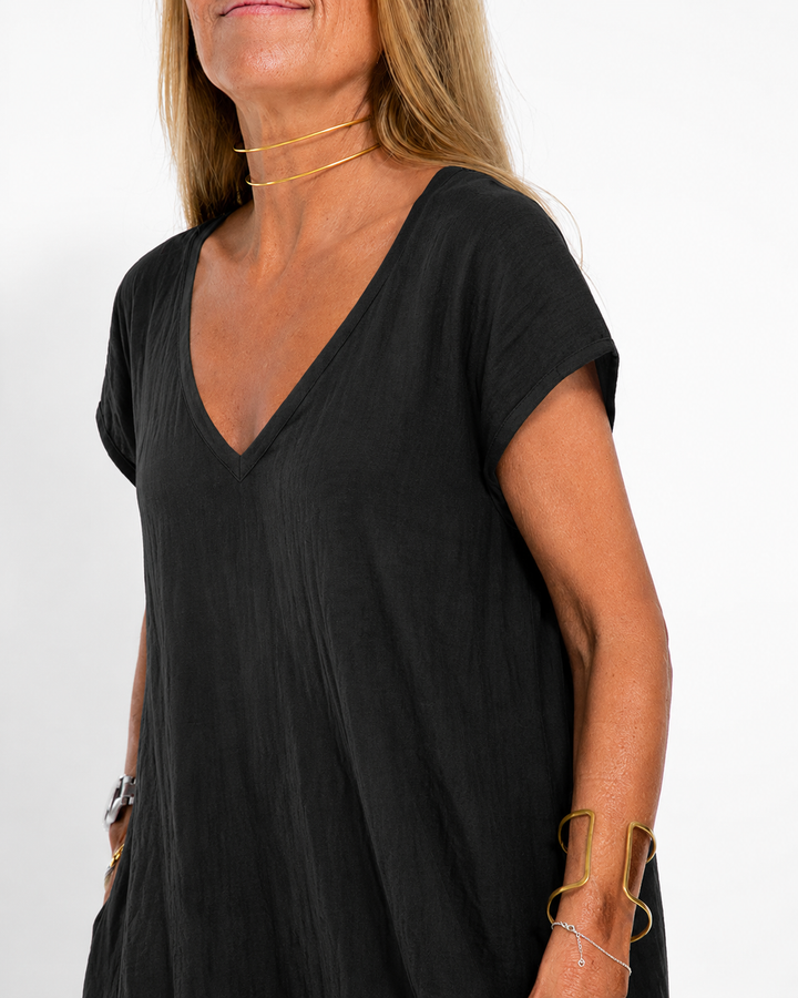 Duttini | Timeless V-Neck Short Sleeve Side Slit Maxi Dress