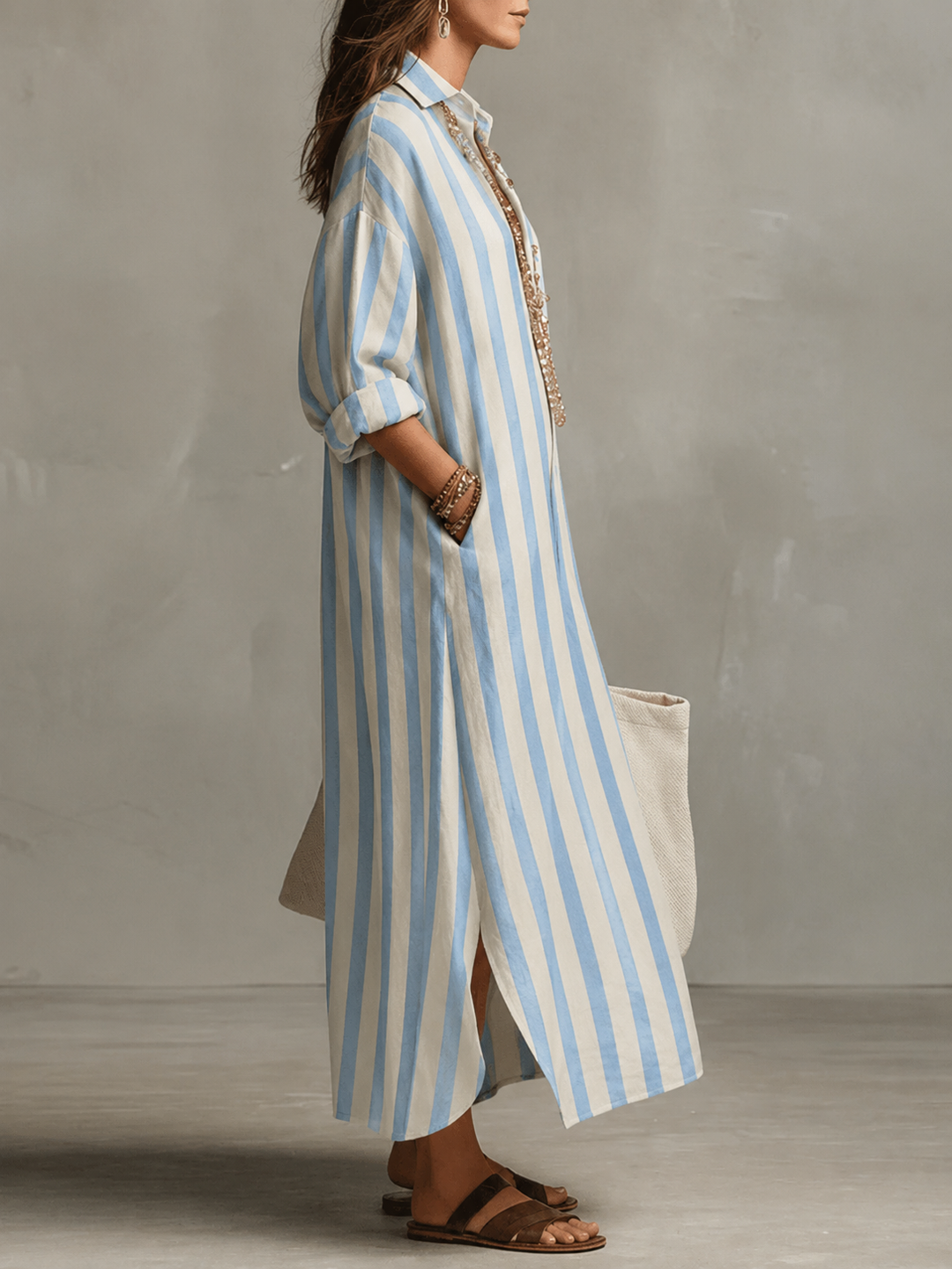 Duttini | Elegant Striped Long Sleeve Maxi Shirt Dress