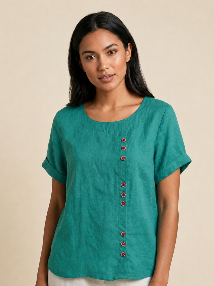Duttini | Casual Scoop Neck Button Detail Short Sleeve Top