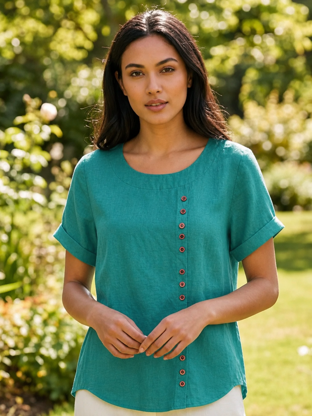 Duttini | Casual Scoop Neck Button Detail Short Sleeve Top