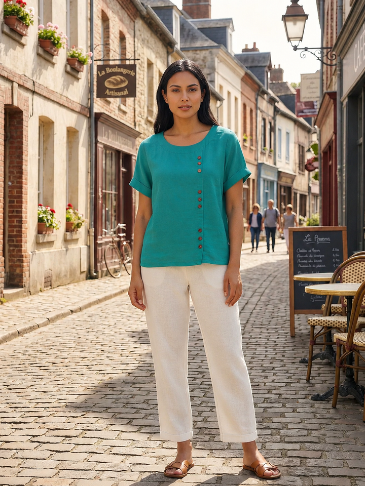 Duttini | Casual Scoop Neck Button Detail Short Sleeve Top