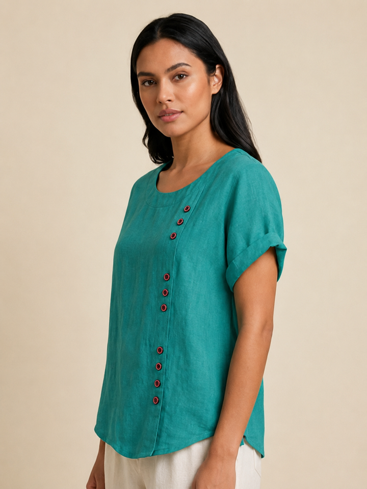 Duttini | Casual Scoop Neck Button Detail Short Sleeve Top