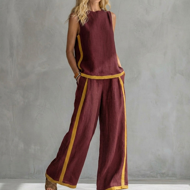 Duttini | Timeless Contemporary Sleeveless Two-Piece Set With Wide-Leg Trousers And Contrast Trim