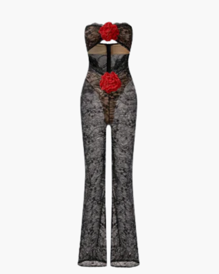 Duttini | Sheer lace chiffon jumpsuit in rose