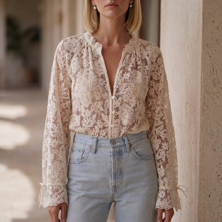 Duttini | Romantic Floral Lace Button-Front Blouse With Flared Sleeves