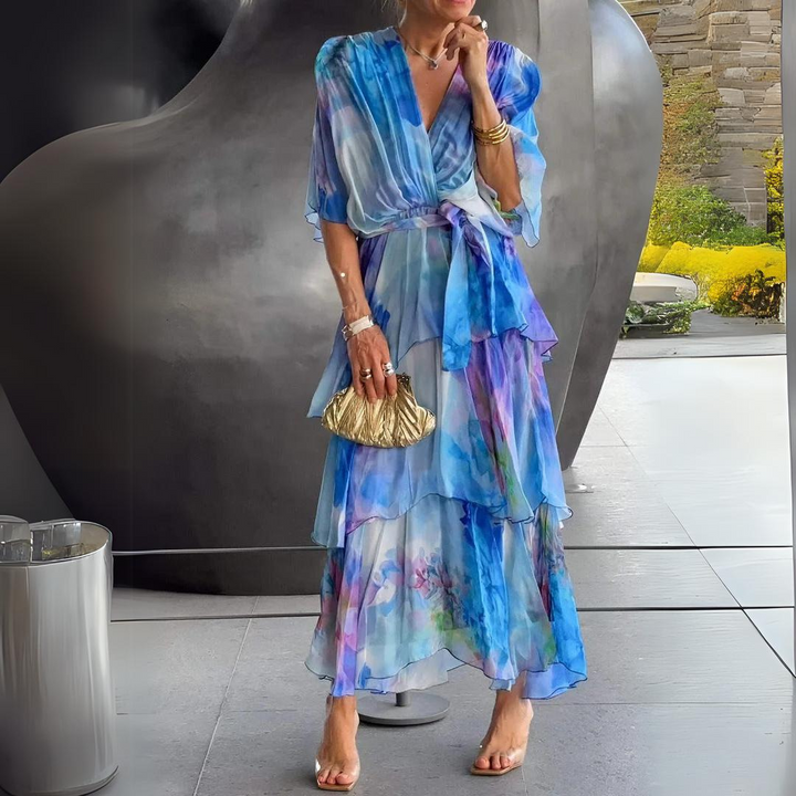 Duttini | Sculpted V Neck Tummy Control Flowy Draped Dress Cocktail